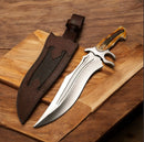 The Texan Knives Texan Best Bowie Knife features a 16" J2 steel blade, polished camel bone handle, and comes with a brown leather case—perfect for fall hunting.