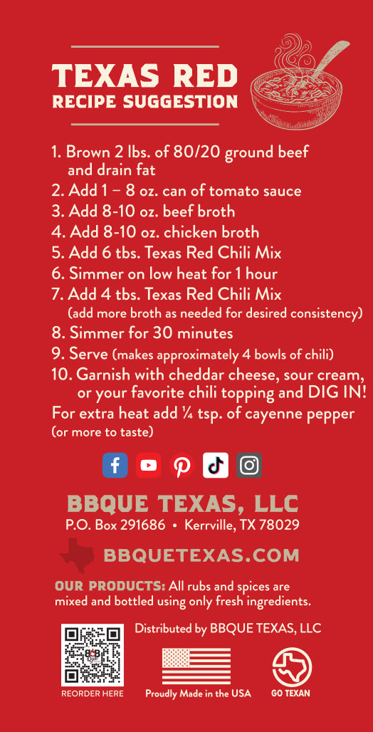 Recipe suggestion for chili on bottle of BBQue Texas Chili Seasoning