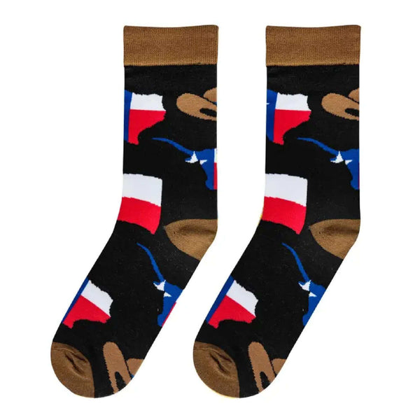 Texas-themed socks with Lone Star flag and state shape – patriotic gift from DDR BBQ Supply