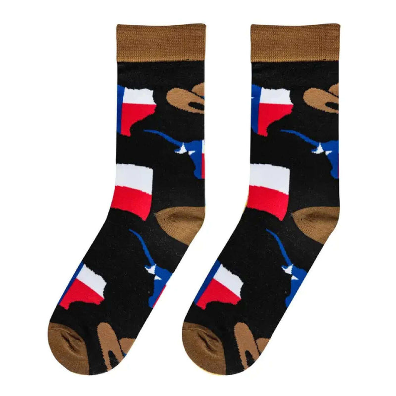 Texas-themed socks with Lone Star flag and state shape – patriotic gift from DDR BBQ Supply