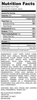Nutrition facts label for the Millican Pecan Mini Texas Pecan Pie - 4 Inch Individual Pie by Millican Pecan, listing calories, nutrients per serving, and ingredients. This classic Southern dessert contains allergens such as milk, egg, pecan, wheat, and soy. Manufacturer information is provided at the bottom. Perfect as an individual dessert option.