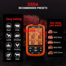 Digital meat thermometer with USDA recommended presets on a dark background. ThermoPro TempSpike 1000FT RF wireless meat thermometer with dual waterproof probes at DDR BBQ Supply
