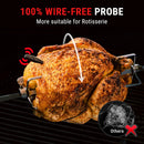 Roasted chicken on a rotisserie with a 100% wire-free probe feature highlighted.