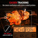 Digital thermometer displaying chicken and pork cooking times with color-coded probes.
