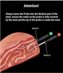 Diagram showing how to properly insert a meat thermometer probe into a piece of meat with text indicating correct and incorrect methods.