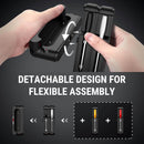 Hands demonstrating a detachable design with text 'Detachable Design for Flexible Assembly' on a dark background.