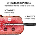 Thermometer probe with temperature measurement labels on a piece of meat, showing its ability to measure internal and ambient temperatures.