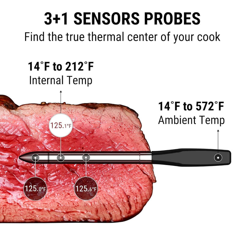 Thermometer probe with temperature measurement labels on a piece of meat, showing its ability to measure internal and ambient temperatures.