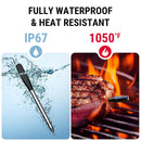 Product with waterproof and heat-resistant features, shown with water splashes and a grill. ThermoPro TempSpike Pro wireless meat thermometer with WiFi and Bluetooth for precision BBQ and grill cooking at DDR BBQ Supply
