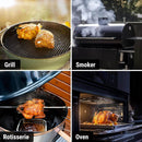 Collage of a grill, smoker, rotisserie, and oven with food being cooked.