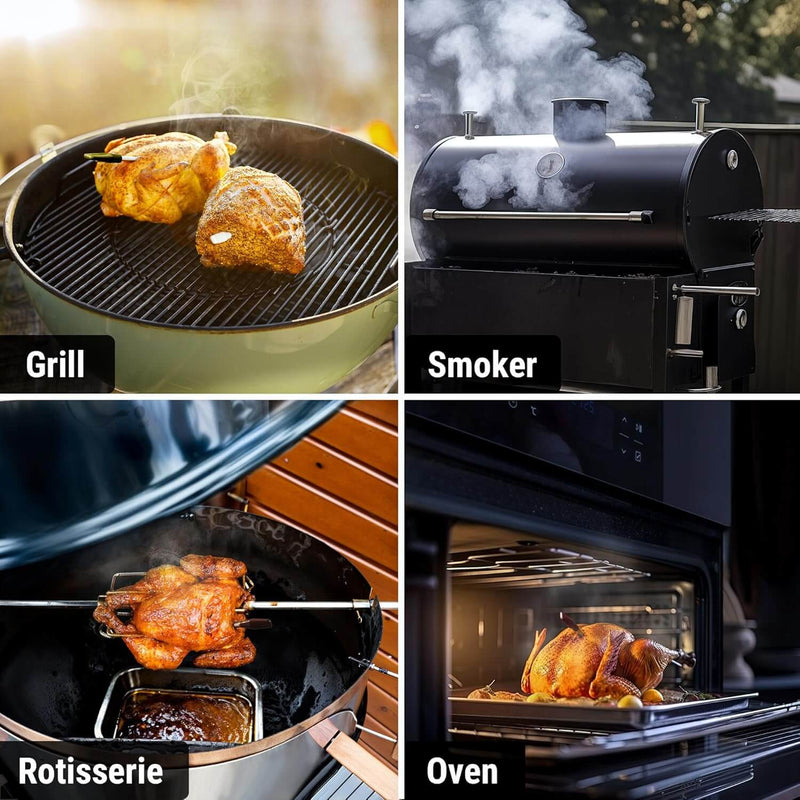 Collage of a grill, smoker, rotisserie, and oven with food being cooked.