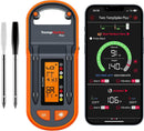 Digital meat thermometer with smartphone app display on a white background. ThermoPro TempSpike Plus dual-probe Bluetooth meat thermometer available at DDR BBQ Supply for wireless grill and smoker monitoring