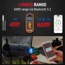 Product with Bluetooth range display, showing 40ft to 600ft range via Bluetooth 5.2, with a smartphone app interface.