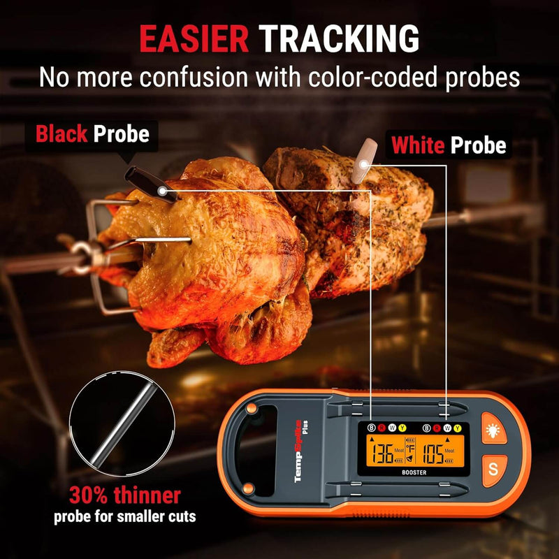 Temperature probe for cooking with color-coded probes and digital display on a dark background