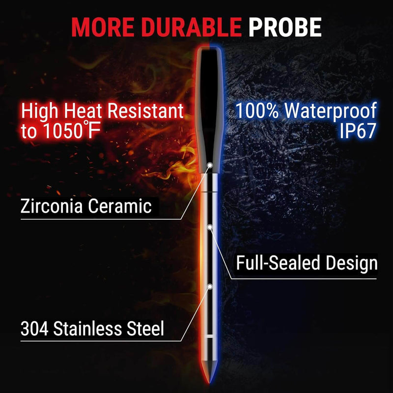 Probe with durability features highlighted on a dark background. ThermoPro TempSpike Plus dual-probe Bluetooth meat thermometer available at DDR BBQ Supply for wireless grill and smoker monitoring