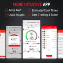Intuitive app interface with temperature alerts, estimated cook times, USDA presets, and data tracking on a dark background.