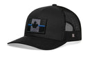 The Haka Hat Thin Blue Line Trucker Hat is a black Canadian Maple Leaf tactical snapback with a blue line flag patch and H logo—blending Canadian pride and style.
