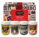SALTOPIA Infused Sea Salts’ “Saltopia Best Grilling Salts: Thrills for the Grill” gift set includes four BBQ seasonings—Smoky Citrus & Herb, Hickory Salt, Smoked Alderwood Salt, and Maple Garlic Salt—in a BBQ-themed box.