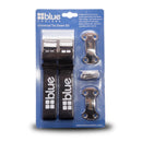 Blue Coolers Secure Universal Tie Down Kit in retail packaging, including two black straps with metal buckles, two metal mounting plates, and a small bag of screws.