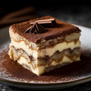 A close-up of tiramisu displays creamy mascarpone layers and coffee-soaked ladyfingers, topped with cocoa, chocolate shavings, and SALTOPIA Cinnamon Sugar: CRACKLIN' HEIGHTS by SALTOPIA Infused Sea Salts.