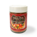 A clear 4-ounce jar of SALTOPIA Infused Sea Salts, labeled Tomato & Italian Herbs Seasoning: MYSTICAL PIZZA, with a white lid and pizza image on front, brings classic pizza flavor to your dishes.