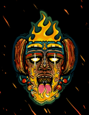 A vibrant, stylized mask with glowing eyes and fiery crown breathes pepper flames, echoing the heat of Harmacy Hot Sauce Co. Totec's Teeth Extra Hot Pasilla & Plum Sauce 9oz, set on a black background streaked with orange and red.
