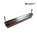 Pimp My Grill Towel Bar for 18″ Rolls or Smaller featuring a metal bar, two hooks, and an 18-inch roll of paper with illustrated barbecue-themed icons.