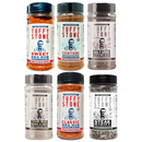 The Tuffy Stone 6 Rub Set by Tuffy Stone features Sweet BBQ Rub, Everything Seasoning, Daily Grind Coffee Rub, The Big Umami, Classic BBQ Rub, and Steak Night, arranged in two rows on a white background.