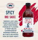 Tuffy Stone Spicy BBQ Sauce bottle with smoky heat, perfect for grilling ribs, brisket, and wings flavor profile