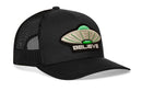 The Haka Hat Believe Trucker Hat is a black mesh snapback featuring HAKA signature 5.0 style with a green and beige UFO patch and "BELIEVE" Alien UAP embroidery on the front.