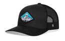 The Haka Hat Diamond Mountain and Trees Trucker Hat is a black snapback with mesh back, featuring an outdoor patch of mountains, sun, and blue sky on the front panel by Haka Hat.