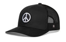 The Haka Hat Peace Sign Trucker Hat | Black Love Snapback by Haka Hat is a black snapback trucker hat with mesh back and a white embroidered peace symbol on the front—perfect for any casual style.