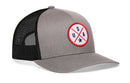 The Haka Hat USA Trucker Hat is a gray and black mesh snapback featuring a round America patch on the front with "USA" and two blue stars separated by red lines.