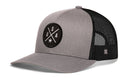 The Haka Hat USA Trucker Hat is a gray-black America snapback with a mesh back and round black patch featuring crossed lines, letters S, A, U, and a star—ideal for fans of classic trucker hats.
