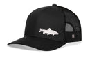 The Haka Hat Steelhead Fish Trucker Hat by Haka Hat features a black embroidered steelhead fish silhouette, black mesh sides and back, and a comfort-fit snapback for all-day wear.