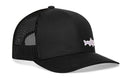 The Haka Hat Steelhead Fish Trucker Hat is a black comfort-fit snapback with a mesh back and an embroidered light steelhead fish silhouette on the front.