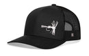 The Haka Hat Fly Fishing Trucker Hat is a black snapback with mesh back and a white embroidered fishing fly on the front—ideal for any fly fishing enthusiast.