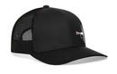 The Haka Hat Fly Fishing Trucker Hat, a black snapback by Haka Hat, features a curved brim, embroidered fishing fly on the front left panel, and breathable mesh back panels for ideal comfort while fly fishing.