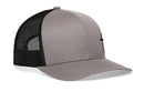 The Haka Hat Cross Trucker Hat in gray-black by Haka Hat features a mesh back, small black cross on the front panel, curved brim, structured front, and adjustable snapback closure for a perfect Christian-inspired fit.
