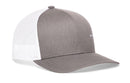 The Haka Hat Cross Trucker Hat features a gray front, white mesh back panels, and a curved brim. This Gray-White Cross Snapback by Haka Hat is shown at a slight angle on a plain white background.