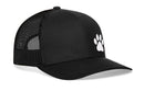 The Haka Hat Paw Trucker Hat is a black comfort-fit snapback by Haka Hat, featuring a mesh back and a white paw print logo on the front panel.