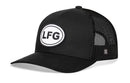 The Haka Hat LFG Trucker Hat is a black snapback from Haka Hat featuring a mesh back and a white oval patch on the front with bold black "LFG" lettering.