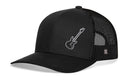 The Haka Hat Electric Bass Trucker Hat is a black snapback from Haka Hat, featuring a mesh back and a sleek white electric guitar outline on the front panel.