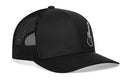 The Haka Hat Electric Bass Trucker Hat is a black snapback with a mesh back, curved brim, and features a small white electric guitar graphic plus the word “Fender” on the front left panel.