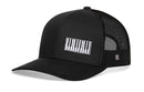 The Haka Hat Piano Keys Trucker Hat is a black snapback by Haka Hat, featuring a white embroidered piano keyboard on the front and black mesh sides and back.