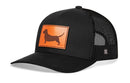 The Haka Hat Dachshund Trucker Hat Leather by Haka Hat is a black mesh snapback with a curved brim and brown leather patch featuring a dachshund silhouette—ideal for fans of the Dachshund trucker hat style.