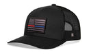 The Haka Hat Thin Red and Blue Line Trucker Hat is a black tactical snapback with mesh back, featuring an American flag patch to honor firefighters and police. Show your support for first responders in style.