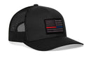 The Haka Hat Thin Red and Blue Line Trucker Hat is a black mesh snapback by Haka Hat, featuring a blacked-out American flag patch with thin red and blue lines to honor police and fire.
