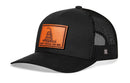 The Haka Hat "Don't Tread on Me" Trucker Hat is a black snapback featuring a mesh back and a Gadsden leather patch with a coiled snake and bold DONT TREAD ON ME text.