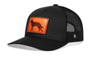 The Haka Hat German Shepherd Trucker Hat is a black comfort-fit snapback with a mesh back and an orange patch on the front featuring a dog silhouette, from Haka Hat.